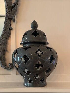 Three Hands Corp Lidded Ceramic Temple Jar with Quatrefoil Cut Outs Gray